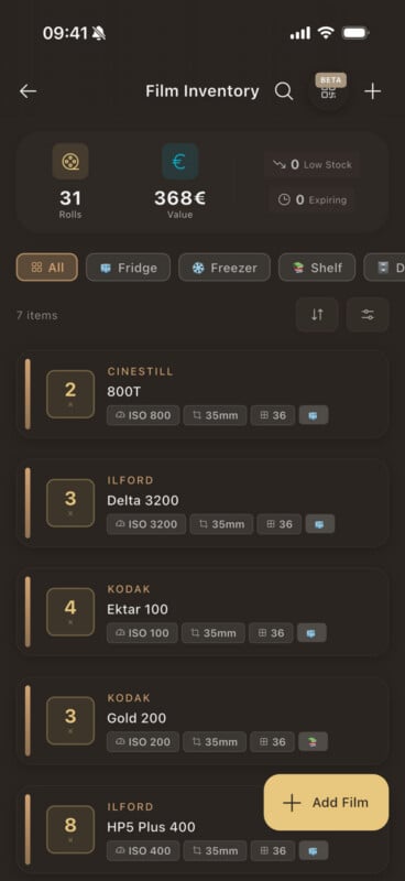 A smartphone screen shows a “Film Inventory” app listing 31 film rolls valued at 368 euros. Films are sorted by brand, type, and ISO, with storage location filters and an “Add Film” button at the bottom.