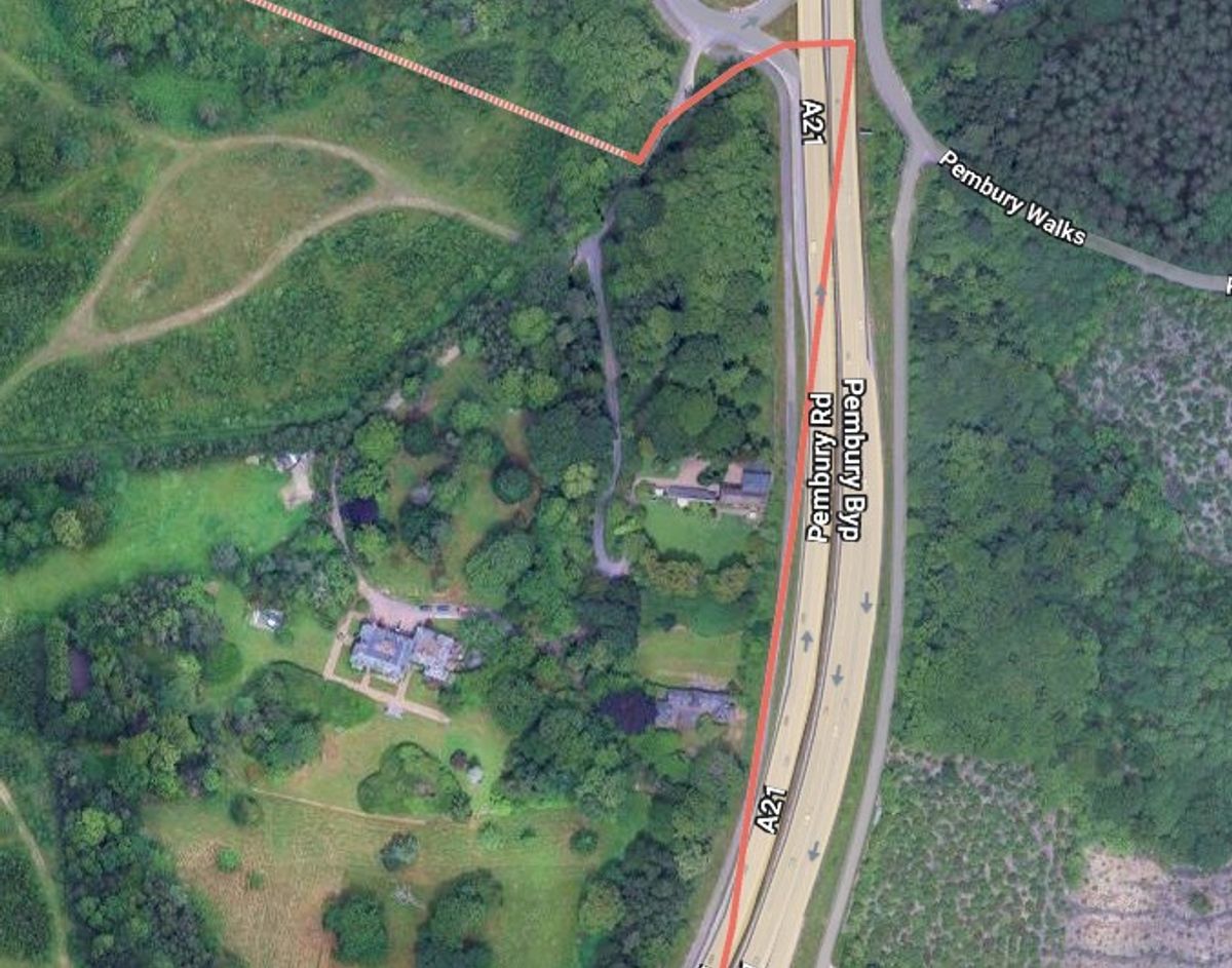 The location of the Colebrook House site, the A21 to the east, and the industrial estate would be to the left of this aerial image