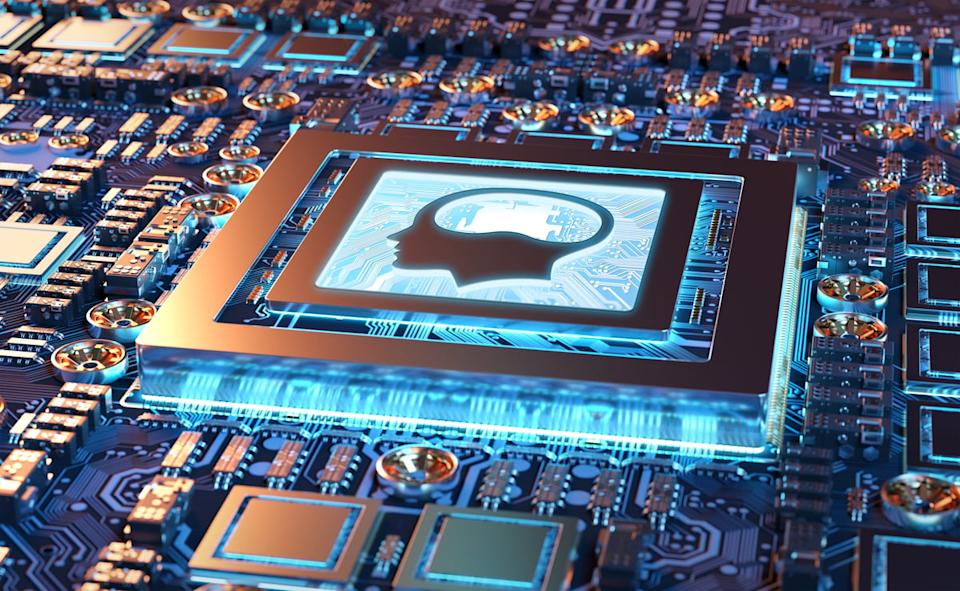 The image of a human head painted on a computer chip. 
