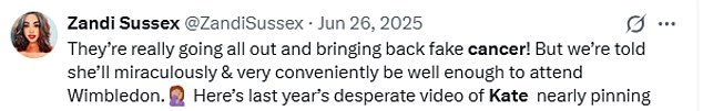Damningly, @ZandiSussex has previously peddled the sick and false conspiracy theory that the Princess of Wales's cancer was 'fake' or somehow exaggerated