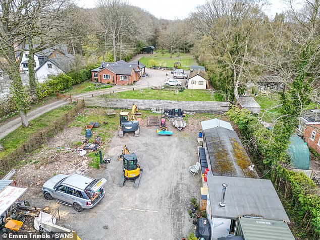 But the project was put on pause amid the council's so-called Lugg Moratorium - a ban on building around the nearby River Lugg to stop it becoming further polluted. Pictured: The site of the proposed new home, left, and the shed the couple are living in, right