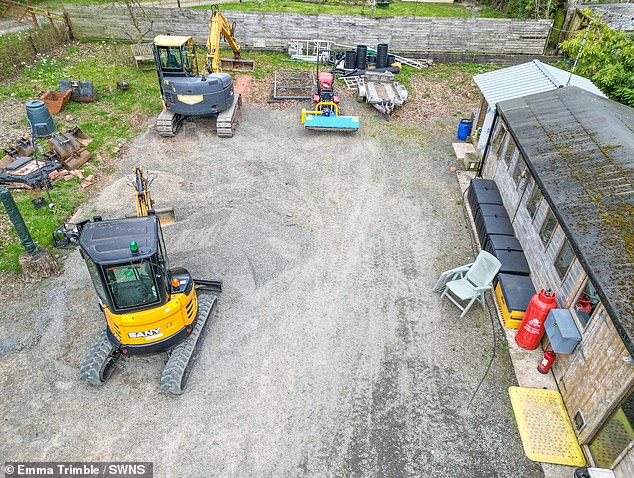 But the build, Mrs Coyle said, has still not been plain sailing since: 'We still have to pay off £7,000 of these phosphate credits before building can start'. Pictured: The unfinished site, left, and the shed the couple have been living in, right