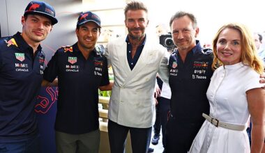 Geri 'thought of herself as the First Lady of F1. She loved that world and likes to think she’s centre stage of it' (pictured with Max Verstappen, Sergio Perez and David Beckham in 2022)