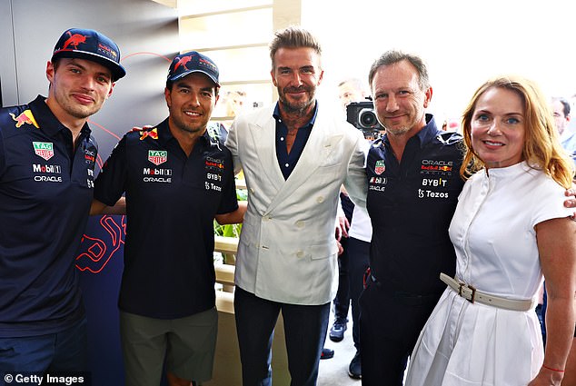 Geri 'thought of herself as the First Lady of F1. She loved that world and likes to think she’s centre stage of it' (pictured with Max Verstappen, Sergio Perez and David Beckham in 2022)