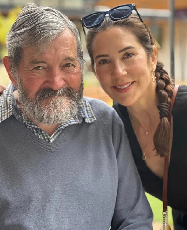 Queen Mary is pictured with her father, Professor John Dalgleish Donaldson, who recently passed away following a period of ill-health.