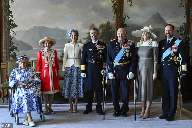 Queen Mary and King Frederik have always enjoyed a close relationship with neighbouring royal families, such as the Norwegian royals. They are pictured here in 2024 with (from L to R) Denmark's Princess Astrid Fru Ferner, Norway's Queen Sonja, King Harald, Crown Princess Mette-Marit and Crown Prince Haakon.