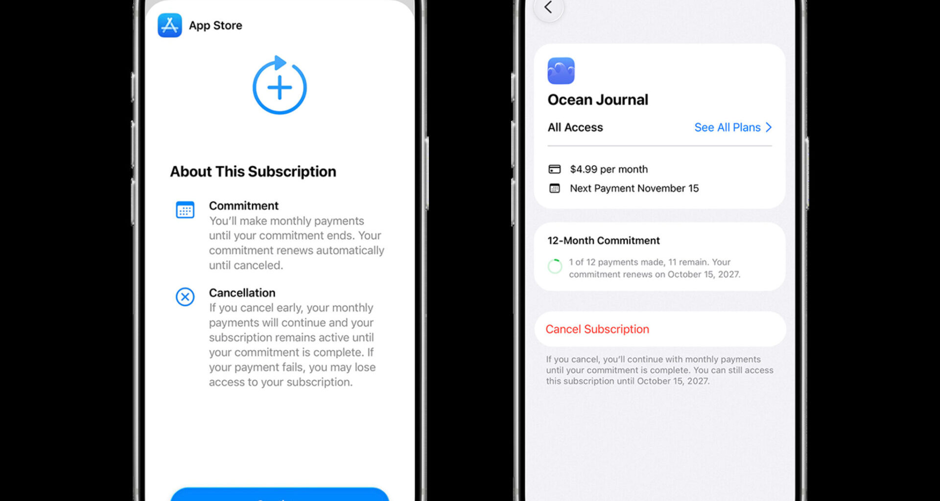 Two iPhone screens side by side showing subscription management: left shows 'About This Subscription' with commitment and cancellation details; right shows 'Ocean Journal' plan with price and 12‑month commitment.