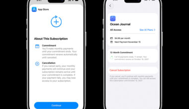 Two iPhone screens side by side showing subscription management: left shows 'About This Subscription' with commitment and cancellation details; right shows 'Ocean Journal' plan with price and 12‑month commitment.