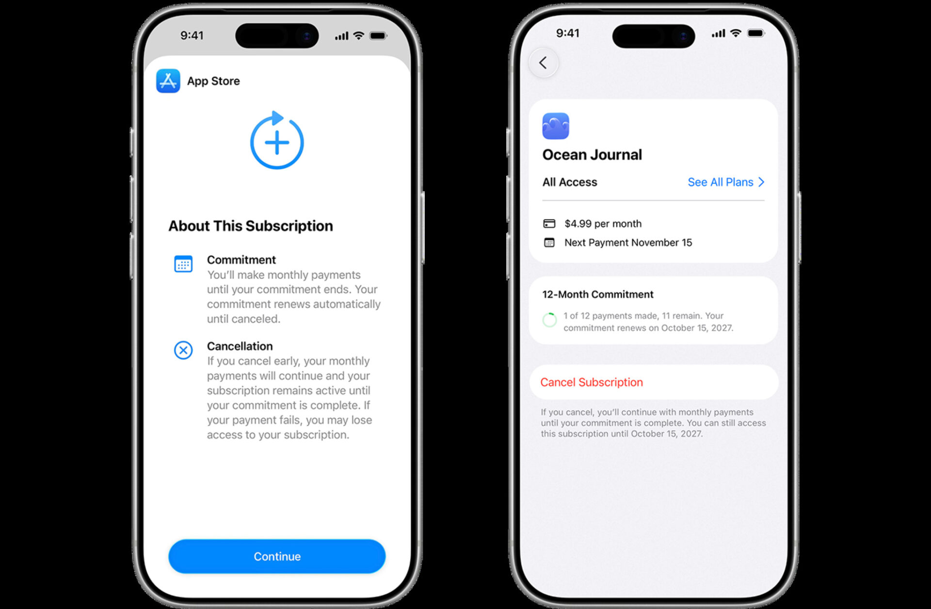 12 month app store | iPhone in Canada Two iPhone screens side by side showing subscription management: left shows 'About This Subscription' with commitment and cancellation details; right shows 'Ocean Journal' plan with price and 12‑month commitment.