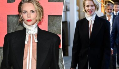 Charlize Theron swaps her shirt for a pleated Dior collar at ‘Apex’ premiere