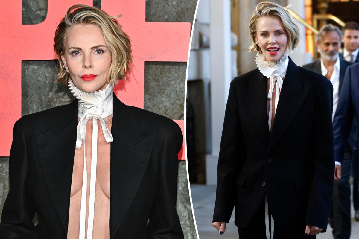 Charlize Theron swaps her shirt for a pleated Dior collar at ‘Apex’ premiere
