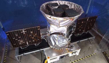 The fully integrated Transiting Exoplanet Survey Satellite (TESS), which launched in 2018 to find thousands of new planets orbiting other stars (Credit : Orbital ATK / NASA)