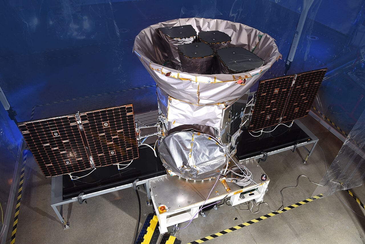The fully integrated Transiting Exoplanet Survey Satellite (TESS), which launched in 2018 to find thousands of new planets orbiting other stars (Credit : Orbital ATK / NASA)
