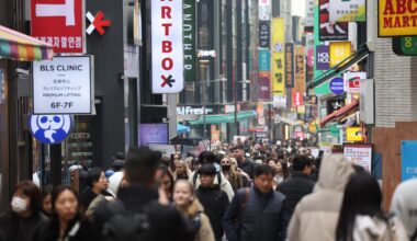 A street in Seoul’s shopping district of Myeong-dong is crowded with visitors, March 15. Yonhap