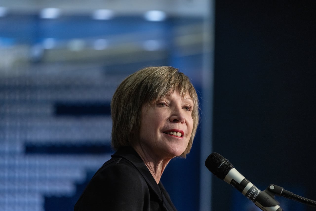 Member of Parliament Eleanor Olszewski speaks during the announcement of the 2028 World Cup of Hockey being hosted in Alberta, in Edmonton on Monday, March 16, 2026. THE CANADIAN PRESS/Jason Franson