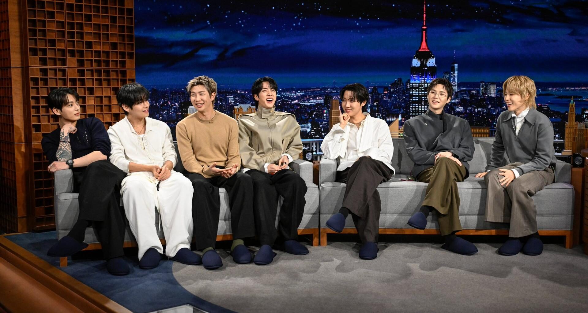 Members of K-pop group BTS appear on NBC’s “The Tonight Show Starring Jimmy Fallon” in New York on March 26 (local time), the band