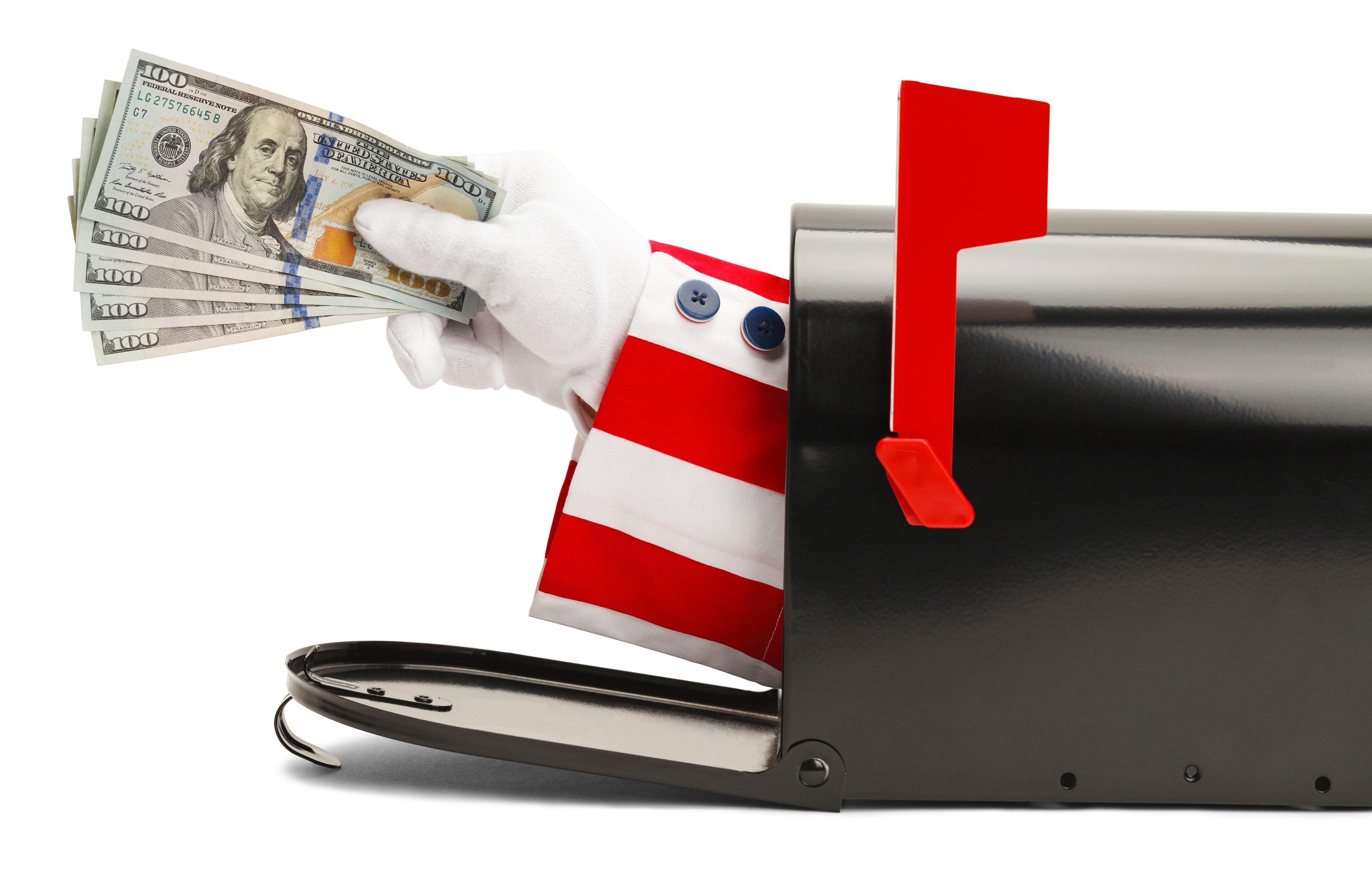 A red-and-white-striped sleeve and white-gloved hand sticking out of a mailbox and holding $100 bills.