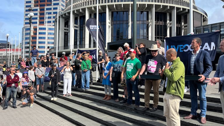 Conservation Minister Tama Potaka speaking at Parliament's forecourt