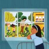 An illustration of a young girl leaning on a windowsill, looking sad, as she watches other children happily get on a school bus.