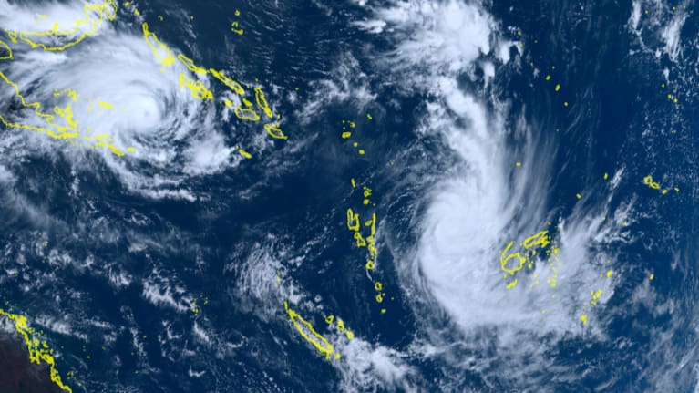 Tropical Cyclone Maila (left) and Tropical Cyclone Vaianu (right) from the Himawari-8 geostationary satellite.