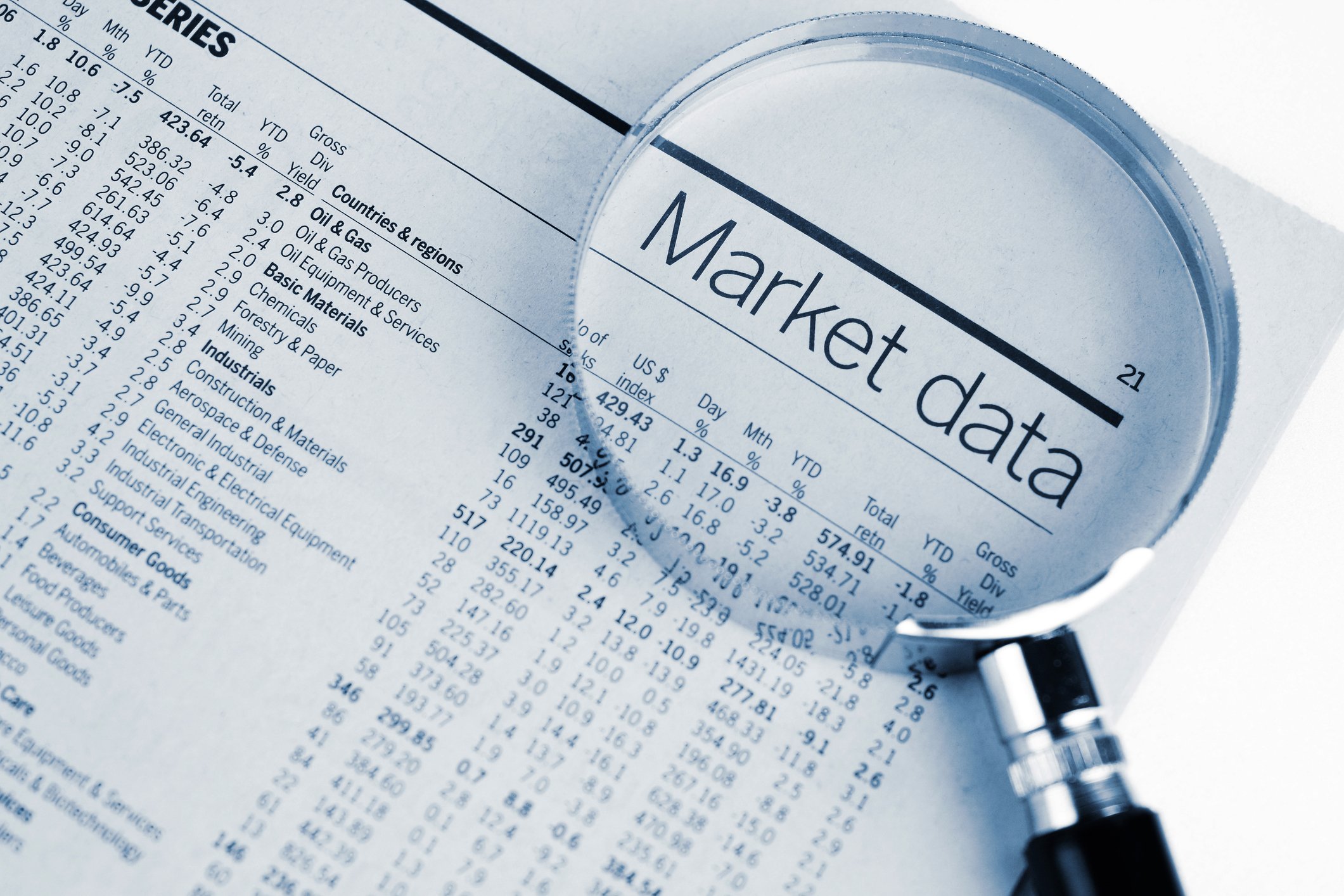 A magnifying glass laid atop a financial newspaper, which is enlarging a subhead that reads, Market data.