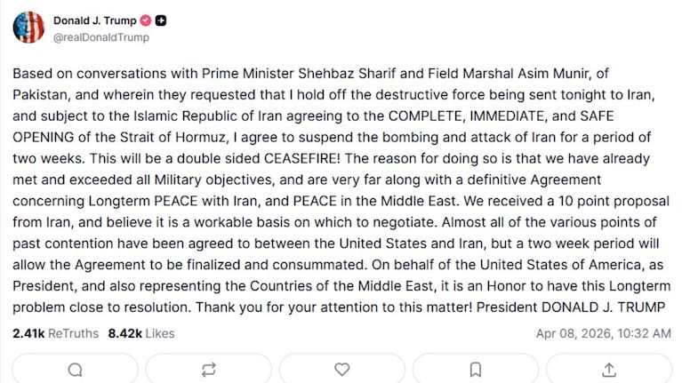 In a post to Truth Social, Trump said the pause was requested by Pakistani leaders and is conditional on Iran agreeing to the "complete, immediate, and safe opening of the Strait of Hormuz".