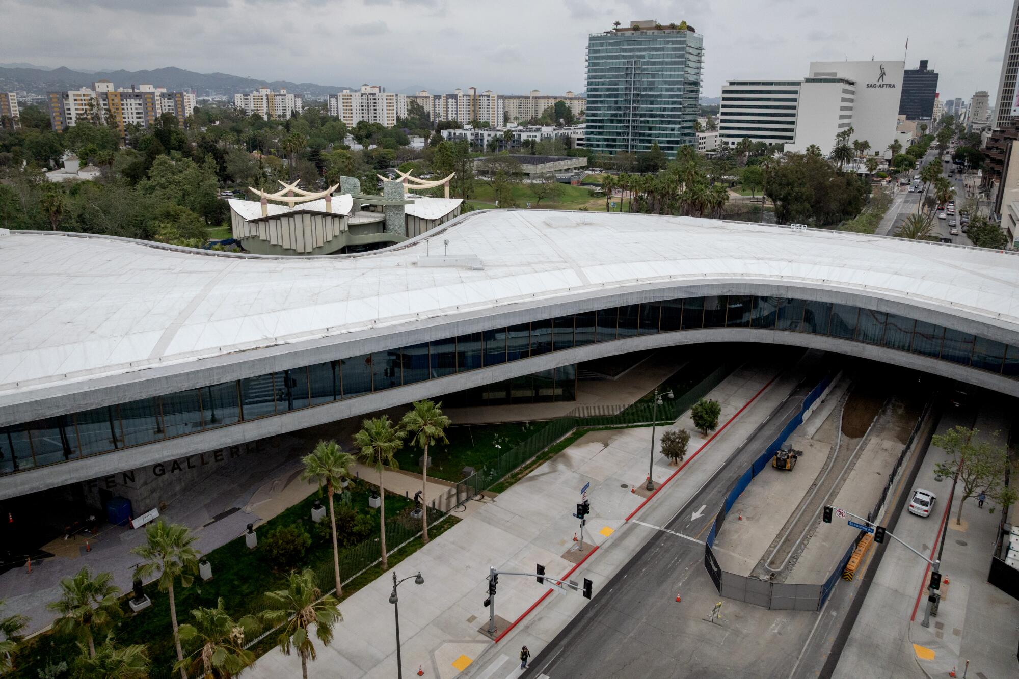 A drone view of the David Geffen Galleries.
