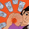 A woman with a baby worries about medical bills. The baby has a hearing problem.