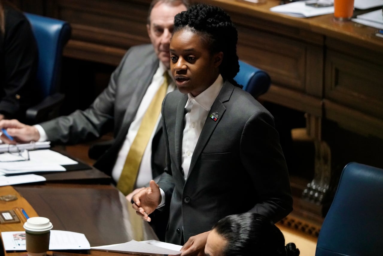 A person in a dark suit and white shirt, with long hair tied back, speaks during a government legislative session.