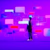 Digital generated image of african american ethnicity young man wearing suit standing on purple ramp and looking to multiple message chat icons. Artificial intelligence chatbot communication concept.