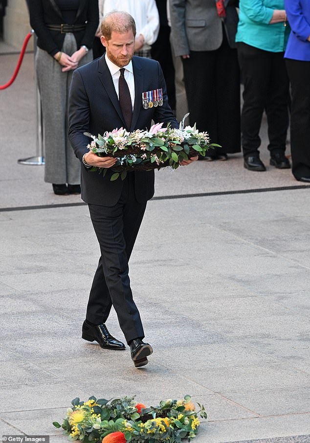 CANBERRA, AUSTRALIA - APRIL 15: Prince Harry, Duke of Sussex lays a wreath at the Last Post Ceremony during a visit to The Australian War Memorial on April 15, 2026 in Canberra, Australia. The Duke and Duchess of Sussex are on a four-day visit to Australia, with engagements across Melbourne, Canberra and Sydney. (Photo by Wendell Teodoro/Getty Images)