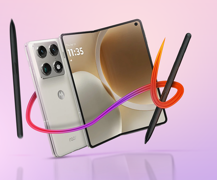 Motorola Razr Fold smartphone with a Moto Pen Ultra.