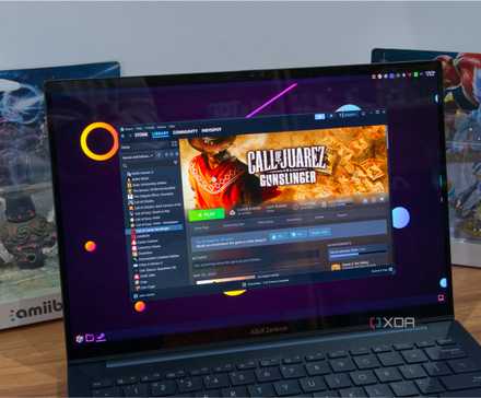 A laptop showing the Steam library page for the game Call of Juarez: Gunslinger