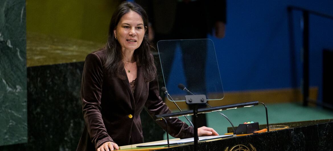 Annalena Baerbock, President of the General Assembly, speaking at a podium during the opening of the 25th Session of the Permanent Forum on Indigenous Issues (UNPFII).