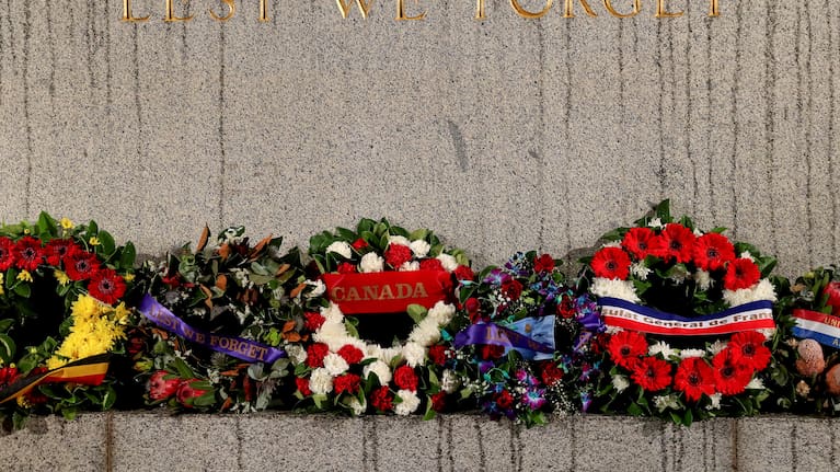 Sydney Cenotaph covered in wreaths for ANZAC commemorations. 