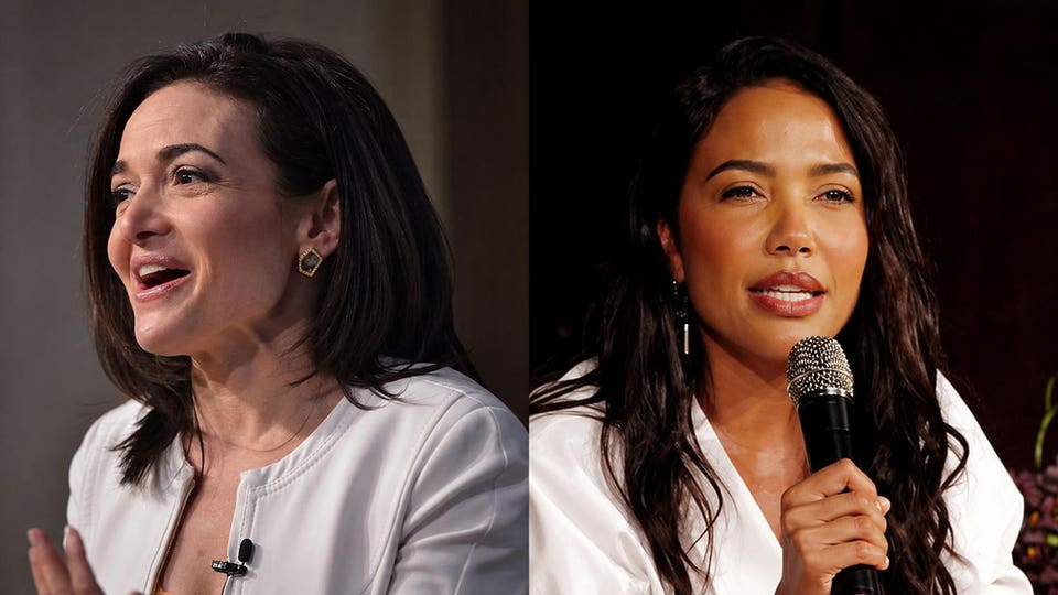 LEFT: Facebook Chief Operating Officer Sheryl Sandberg speaks at the The American Enterprise Institute for Public Policy Research (AEI) on June 22, 2016 in Washington, DC. / AFP / Mandel NGAN (Photo credit should read MANDEL NGAN/AFP via Getty Images) RIGHT: NEW YORK, NEW YORK - APRIL 15: Emma Grede and Martha Stewart speak onstage during the "Start With Yourself" Book Tour Launch at Adler Hall on April 15, 2026 in New York City. (Photo by Craig Barritt/Getty Images for Emma Grede) 