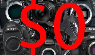 A collage of various professional cameras from brands like Nikon, Canon, Sony, Fujifilm, and Lumix, with a large red dollar sign and zero ($0) overlaid across the image.