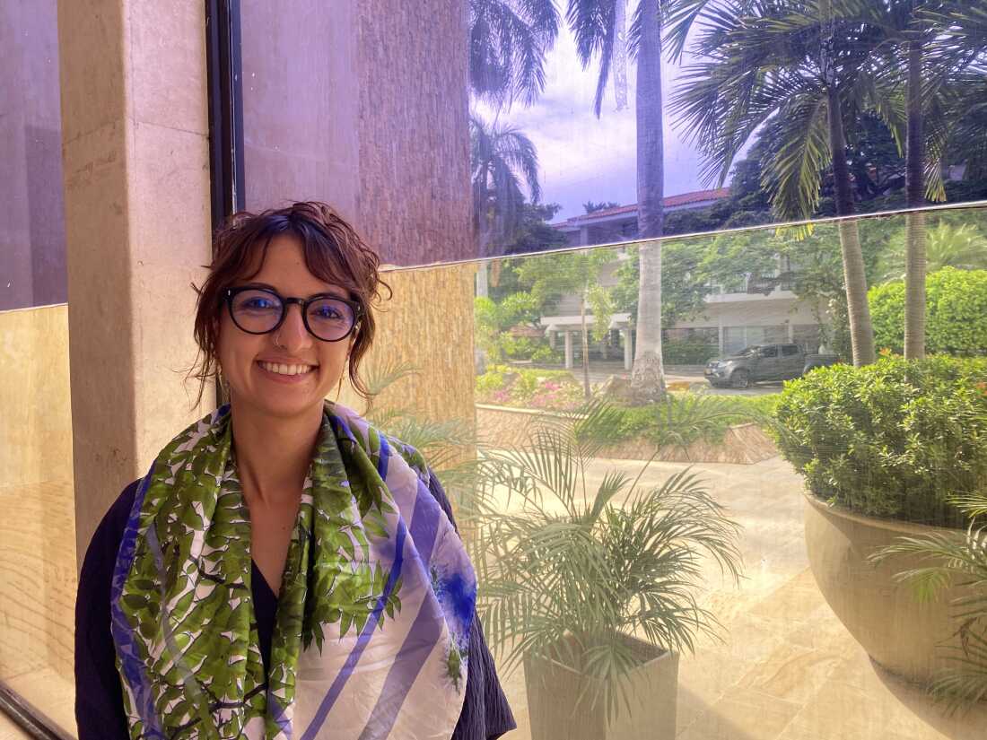 Daniela Durán, head of international affairs at Colombia’s Ministry of Environment, stands in front of a window at the conference.