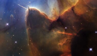 This Hubble image shows part of the Trifid Nebula, an object the space telescope first observed in 1997. This image is part of NASA's celebration for the telescope's 35th year of work. The central part of the image looks almost like a sea slug with its pair of antennae. Image Credit: NASA, ESA, STScI; Image Processing: Joseph DePasquale (STScI)