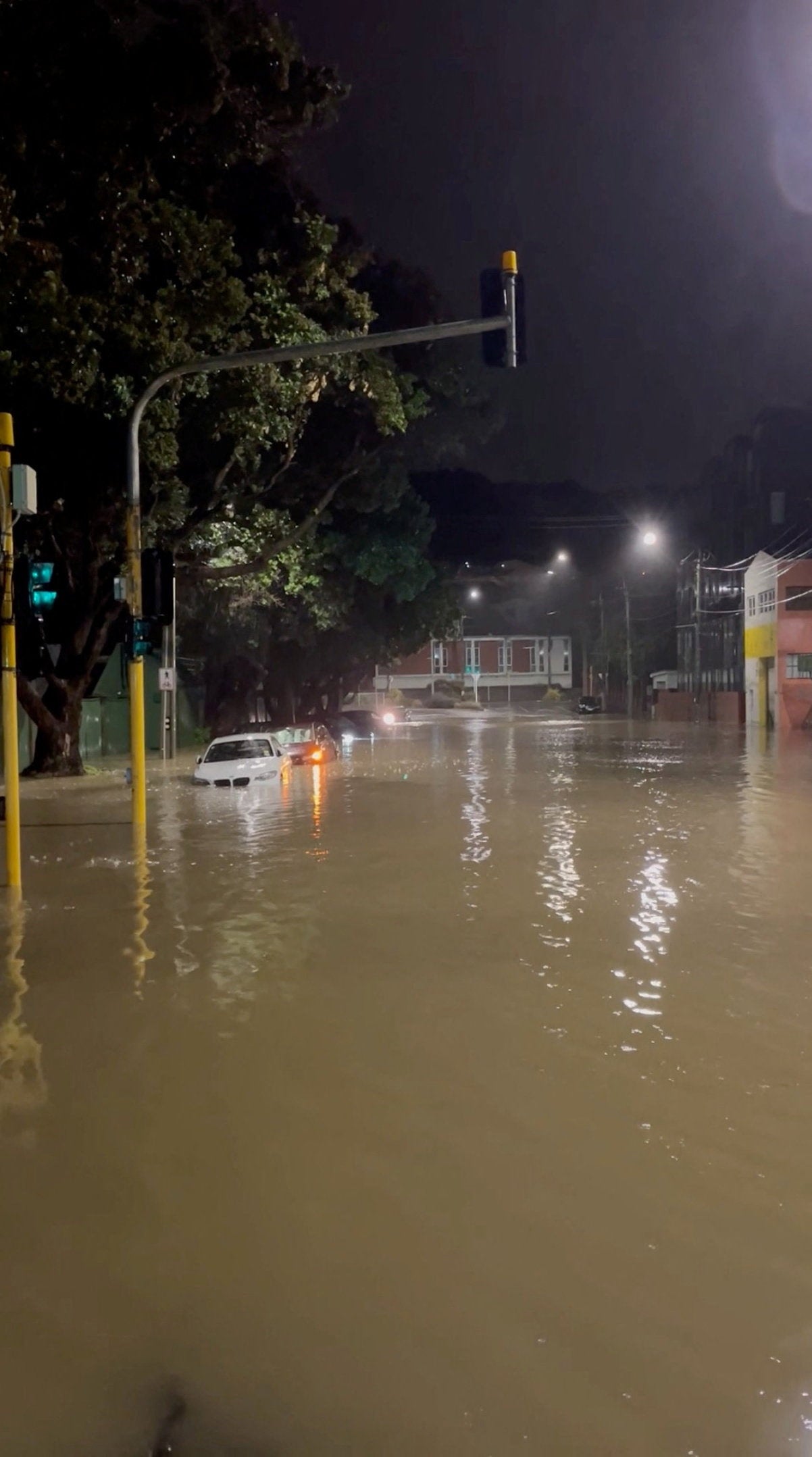 Vehicles partially submerged along a flooded road in Wellington