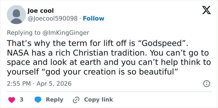 Man Claims Space Travel Is “Distinctly Christian” After Artemis II Broadcast—The Comments Did Not Disappoint