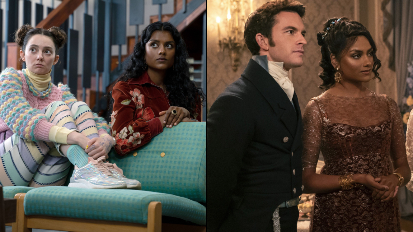 Collage of Simone Ashley in "Sex Education" and "Bridgerton."