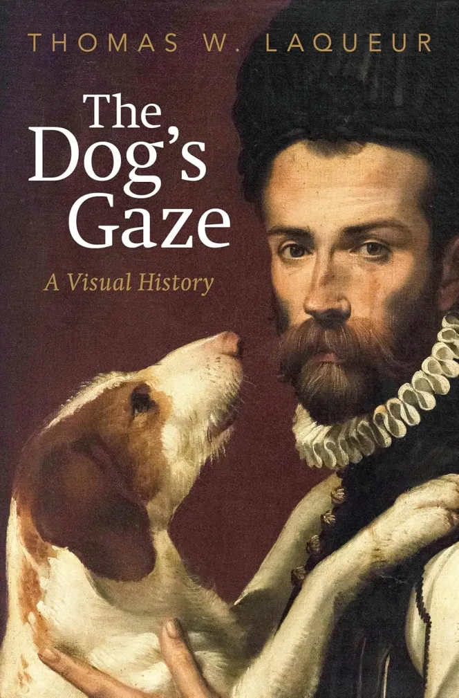 Illustration of a man in historical attire looking forward, holding a dog looking up at him, with the title "The Dog's Gaze".