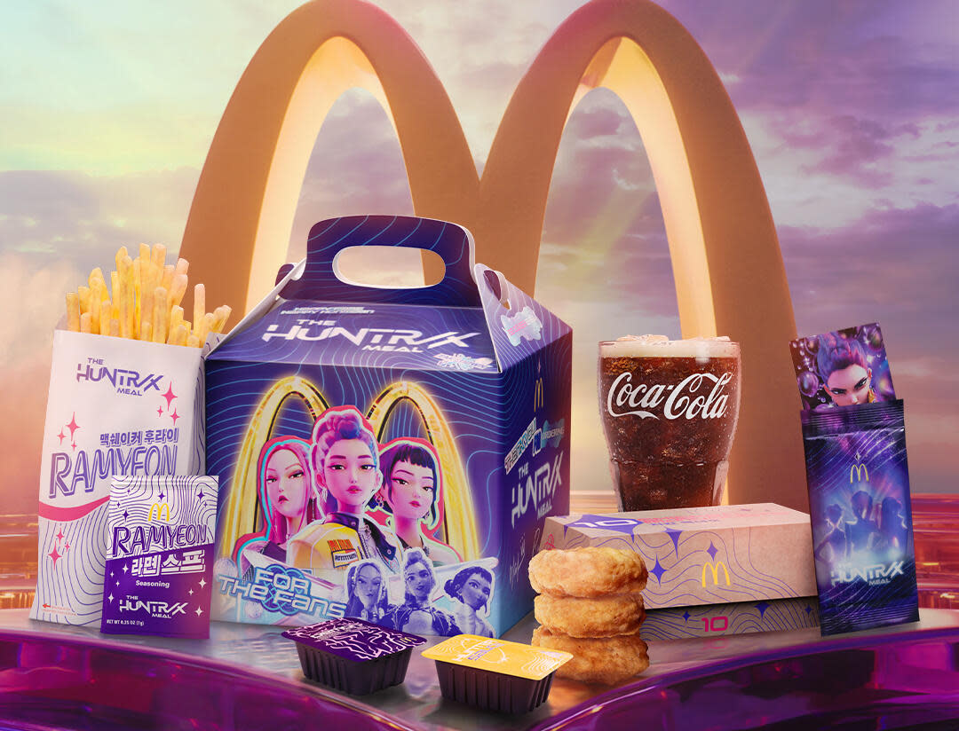The KPop Demon Hunters HUNTR/X meal includes Ramyeon McShaker Fries, a spicy, umami version of McDonald's fries, plus two new sauces: sweet chili Hunter Sauce and Demon Sauce, a bright purple mustard sauce.