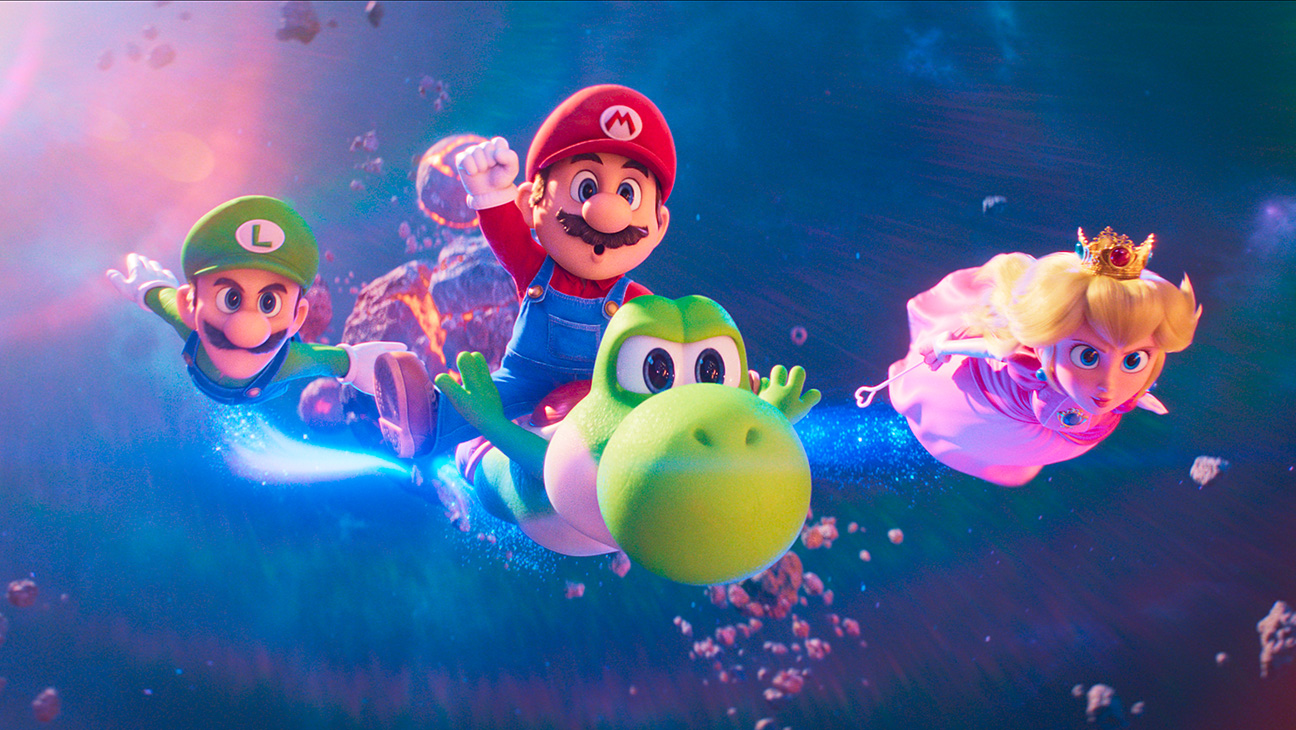 L to R: Luigi (Charlie Day), Mario c(Chris Pratt), Yoshi (Donald Glover) and Princess Peach (Anya Taylor-Joy) in Nintendo and Illumination’s The Super Mario Galaxy Movie, directed by Aaroan Horvath and Michael Jelenic.