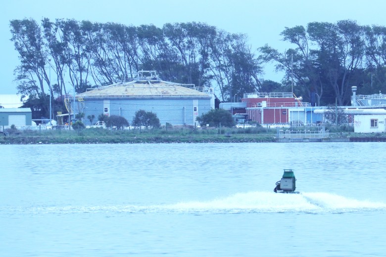 An aerator operates in the Christchurch wastewater treatment plant ponds. Photo: David Williams