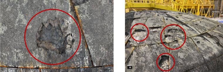 Images from a NASA inspector general report showed the missing chunks of the Artemis I heat shield, unexpected damage that occurred during its return to Earth.