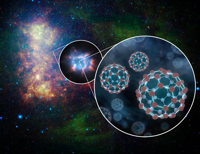 a photograph of a star-filled region of space, with a zoomed in region showing a geodesic sphere made of smaller spheres joined together by rods