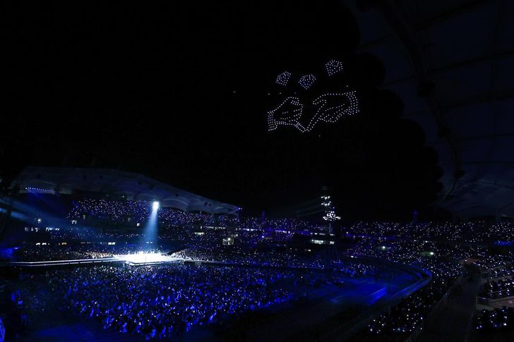 A drone show lights up the sky above Goyang Stadium during SEVENTEEN's 'Right Here' world tour concert on Oct. 13, 2024, in Goyang, west of Seoul. Courtesy of Pledis Entertainment