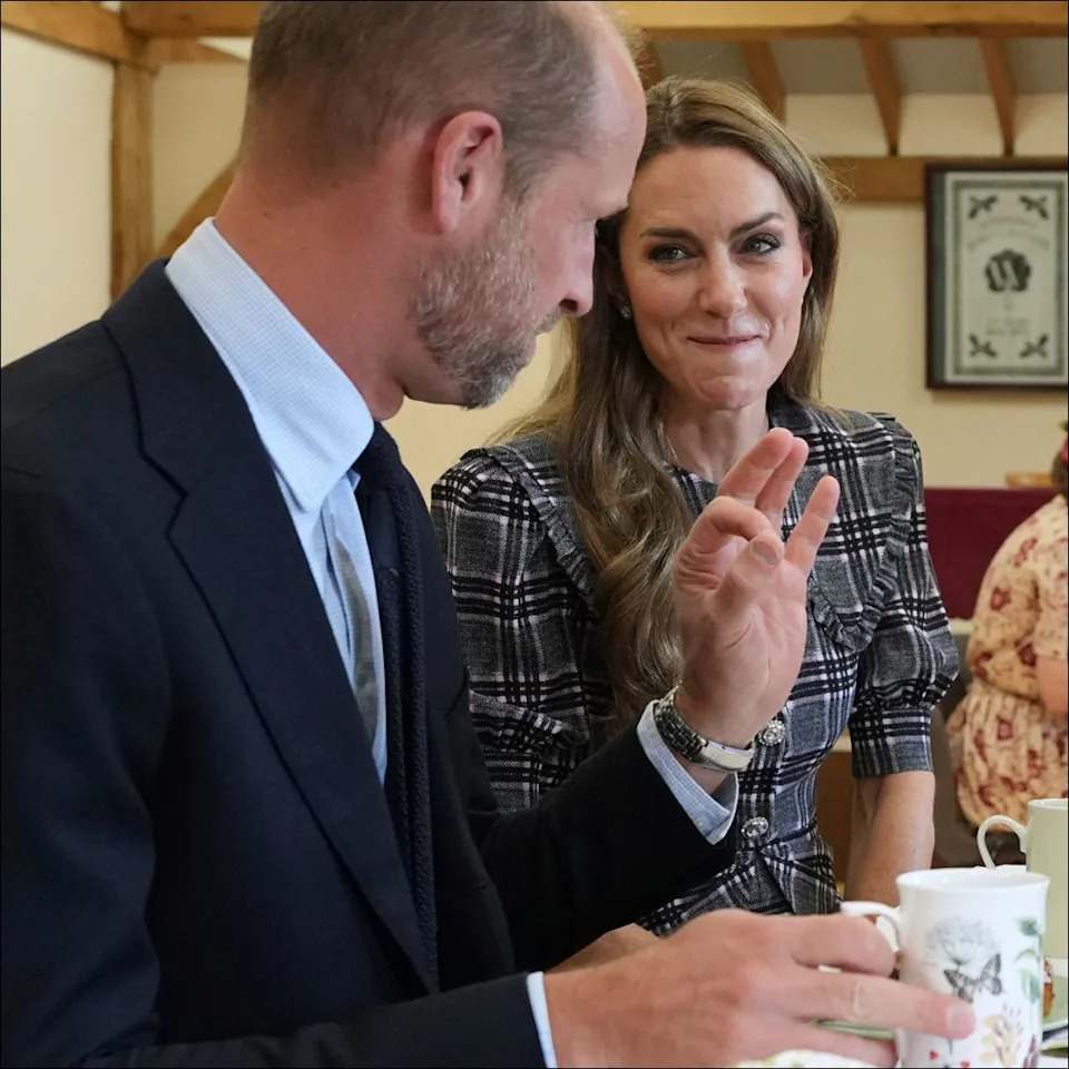  Kate Middleton wears a plaid dress and tries to contain her laughter while Prince William says something funny. 